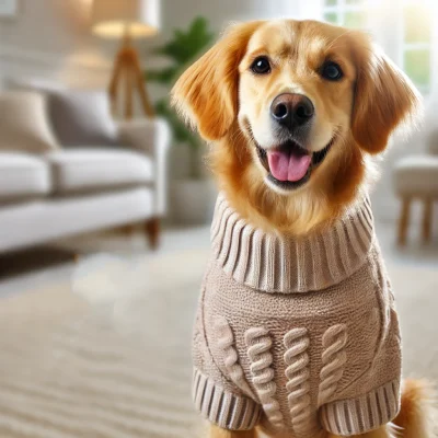 DALL·E 2024-12-16 17.34.27 - A realistic image of a happy Golden Retriever wearing a cozy, stylish sweater. The dog is sitting in a bright, cheerful indoor setting, with a joyful